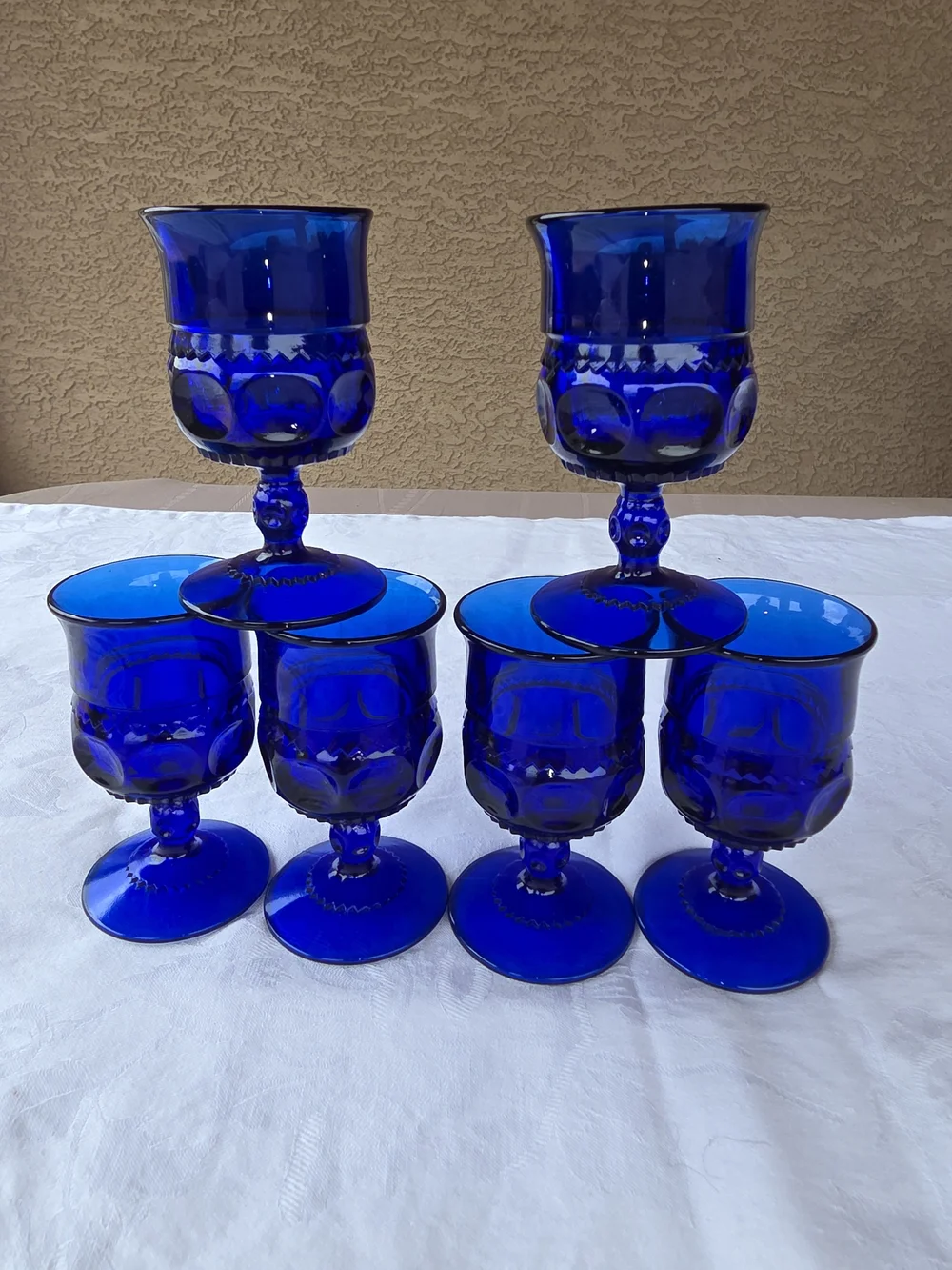 Vintage Indiana Glass Cobalt Blue Thumbprint/Kings Crown Goblets Set of 6